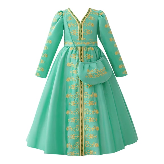 AWZXDE Embroidered Girls Dresses Loose Fit Long Dresses Long Sleeve Robe With Bag Style Gown For Girls Green,6-7 Years