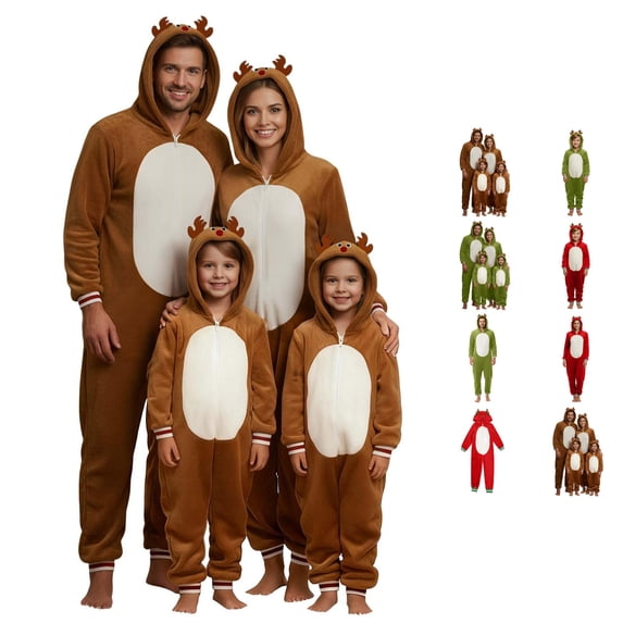 AWZXDE Family Matching Onesie Hooded Reindeer Zipper Jumpsuit for Family Christmas Holiday Loungewear And Photo