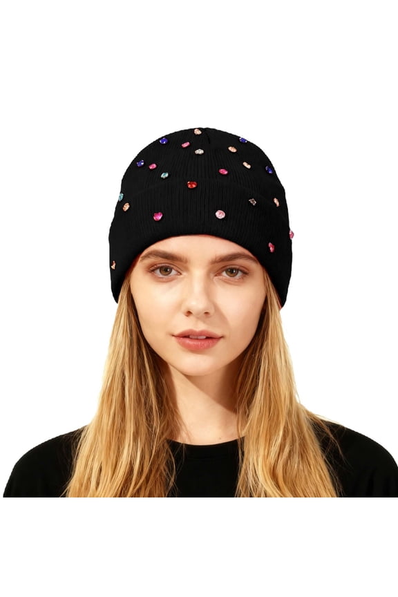 Fashion Rhinestone Detail Beanie Hats For Women Edgy Style Knit Pullover Cap With Studs For Autumn Winter Black