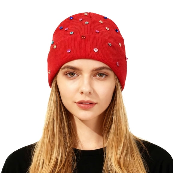 AWZXDE Fashion Rhinestone Detail Beanie Hats For Women Edgy Style Knit Pullover Cap With Studs For Autumn Winter Red