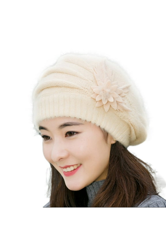 Fashion Womens Flower Knit Crochet Beret Womens Hats Winter Warm Cap For Daily Casual And Elegant Style Beige