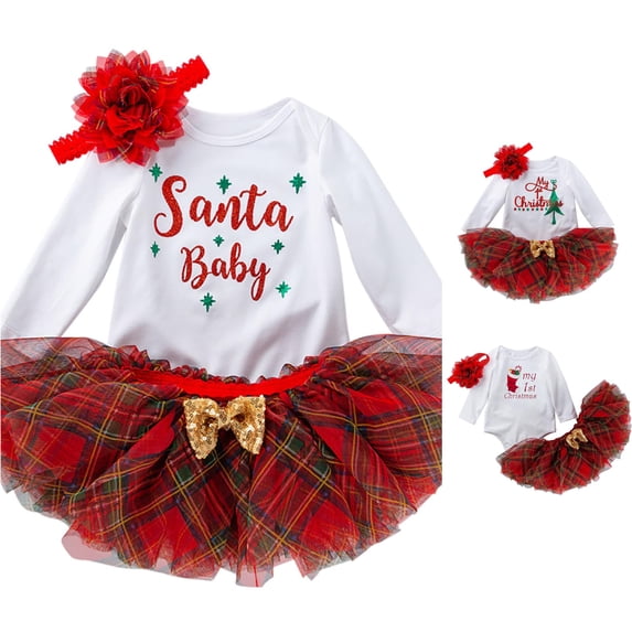 AWZXDE Girl First Outfits Letter Print Romper Plaid Tutu Dress Headband 3PCS Clothes Set Red,0-3 Months