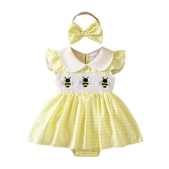 AWZXDE Girl'S Bodysuits Plaid Embroidery Dress‑Style Bodysuit Outfit With Matching Bow Headband For Party Photoshoot Daily Wear Yellow - 6-12 Months