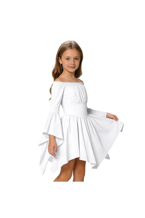 Girl's Solid Color Leisure Ruffle Maxi Summer Dress Off Shoulder Long Sleeve Low Back Flounce Bodice Beach Dresses White,3-4 Years
