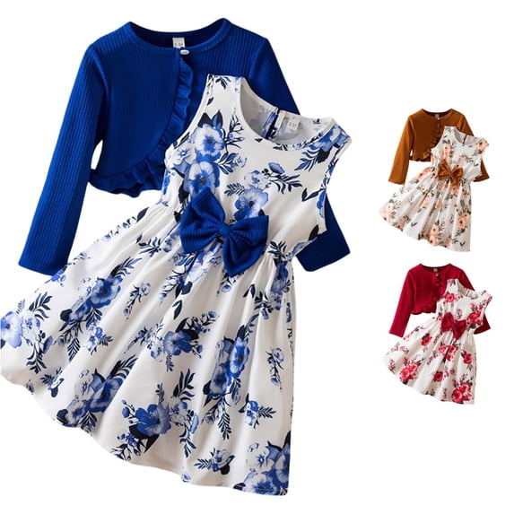 AWZXDE Girls 2 Piece Casual Outfit Set Sleeveless Bow Print Dress With Long Solid Cardigan For Summer Beach School Party Yoga Sports Toddler Kids Age 3-7 Years Blue,3-4 Years
