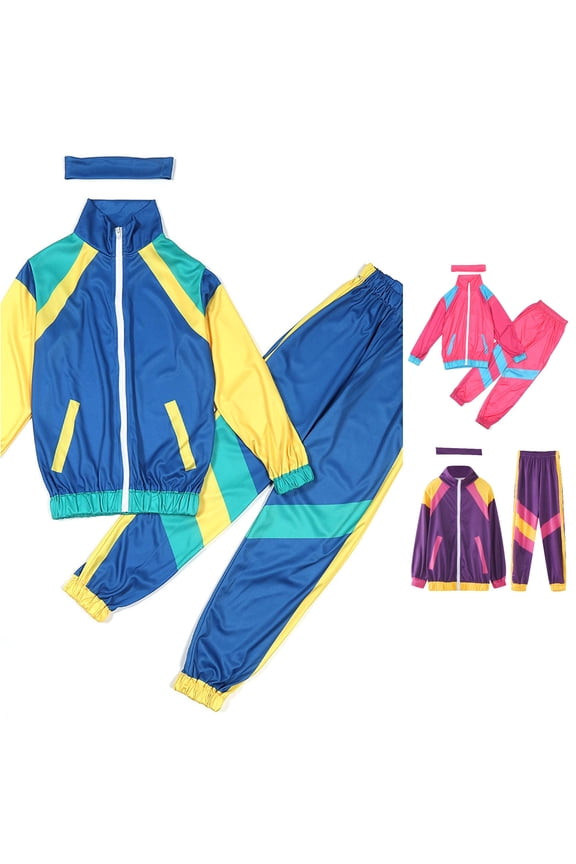 Girls 80s 90s Windbreaker Track Suit Set Hop Dance Outfit Kids Neon Sportswear Two Piece Tracksuit Blue,12-14 Years
