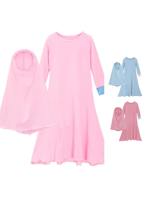 Girls Abaya With Hijab Full Length Robe Burka Little Kid Toddler Dresses Outfit Set Pink,7-8 Years