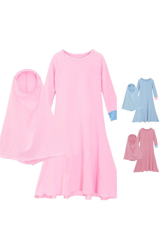 Girls Abaya With Hijab Full Length Robe Burka Little Kid Toddler Dresses Outfit Set Pink,7-8 Years