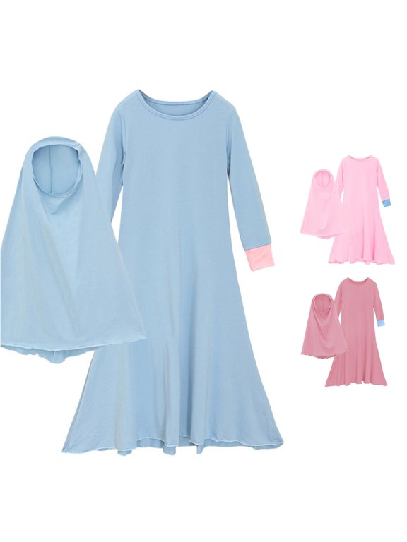 Girls Abaya With Hijab Full Length Robe Burka Little Kid Toddler Dresses Outfit Set Sky Blue,5-6 Years