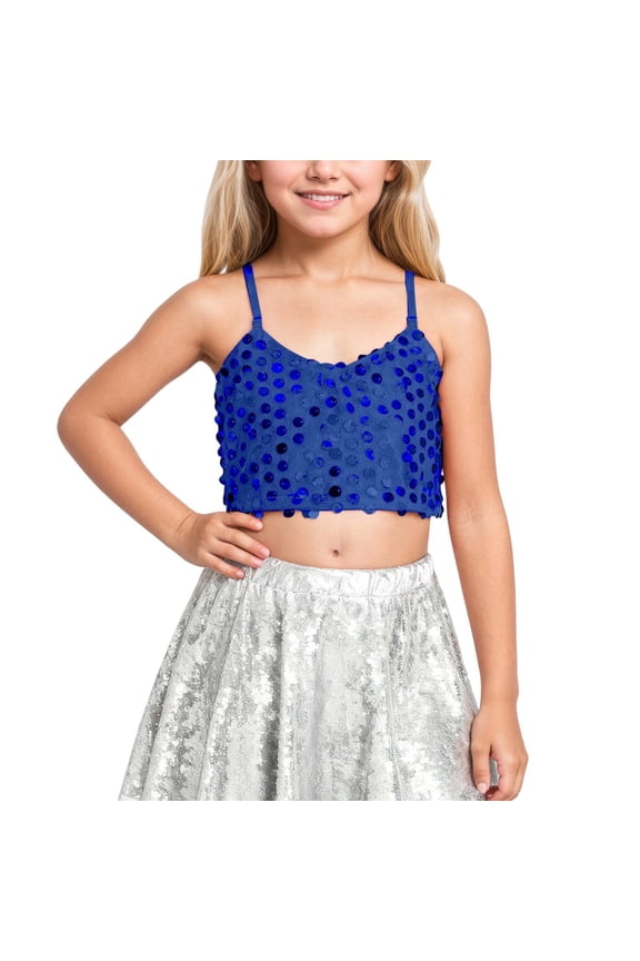 Girls Adjustable Elastic Band Sequin Crop Top Exposes Navel For Carnival Party Performance Girls Tops Over 5 Years Blueï¼Over 11 years