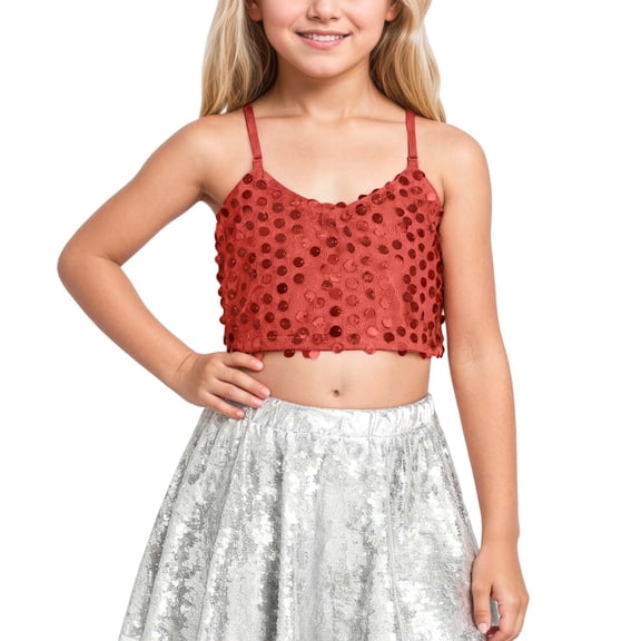 AWZXDE Girls Adjustable Elastic Band Sequin Crop Top Exposes Navel For Carnival Party Performance Girls Tops Over 5 Years Old Red,7-9 Years