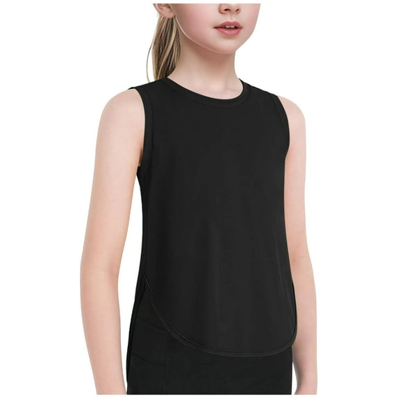 AWZXDE Girls' Athletic Tank Top Solid Color Split Hem Curved Sleeveless Shirts For Gym Yoga Running Workout Sporty Black,8-9 Years