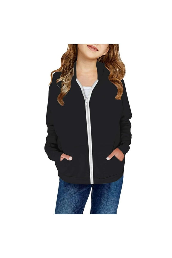 Girls Autumn And Winter Solid Color Patch Pocket Zipper Sweatshirt Hooded Cardigan Jacket girls jackets Black,9-10 Years