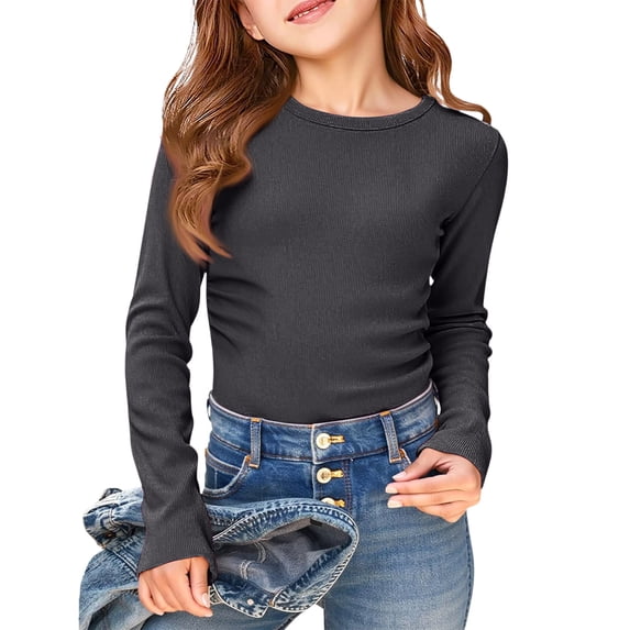AWZXDE Girls Basic Long Sleeve Rib Knit Stretch Tee Slim Fit T-Shirt Casual Everyday Top Comfy Kids Shirt For Layering Dark Gray,9-10 Years
