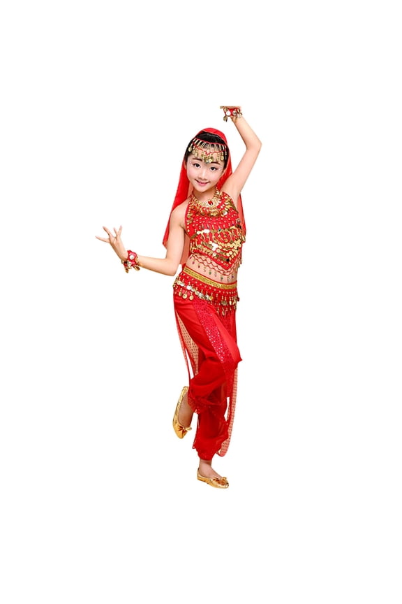 Girls Belly Dance Clothings Set Performance Outfit with Sequin Decorations Ethnic Style Stage Wear Sparkly Leotard and Skirt Adorable Recital Play Dress for Kids Red,9-10 Years