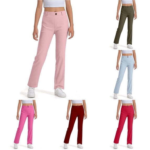 AWZXDE Girls Bootcut Dress Pants Elastic Back Waist Solid Color Stretch Casual Trousers Classic School Pants For Kids Daily Wear Pink - 9-10 Years