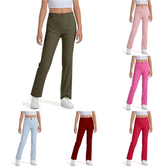 AWZXDE Girls Bootcut Dress Pants Elastic Back Waist Solid Color Stretch Casual Trousers Classic School Pants For Kids Daily Wear Army Green - 9-10 Years
