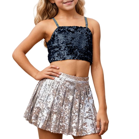 AWZXDE Girls Carnival Adjustable Elastic Sequin Crop Tank Top For Party Performance Sequin Top Navel Exposing Over 5 Years Black，5-7 Years