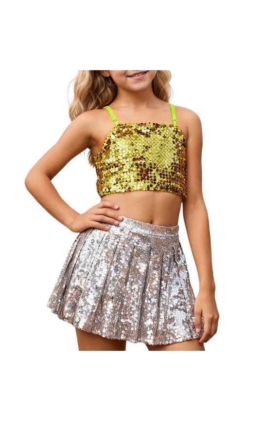 Girls Carnival Adjustable Elastic Sequin Crop Tank Top For Party Performance Sequin Top Navel Exposing Over 5 Years Gold,7-9 Years