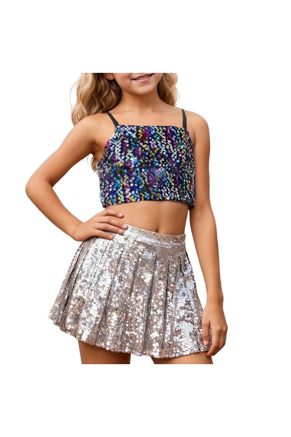 Girls Carnival Adjustable Elastic Sequin Crop Tank Top For Party Performance Sequin Top Navel Exposing Over 5 Years Multicolour,5-7 Years
