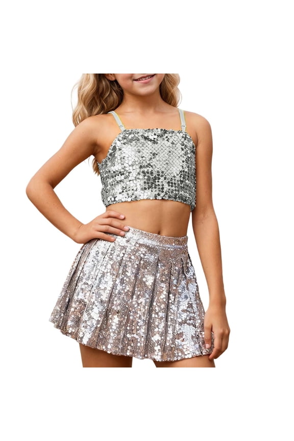 Girls Carnival Adjustable Elastic Sequin Crop Tank Top For Party Performance Sequin Top Navel Exposing Over 5 Years Silverï¼Over 11 years