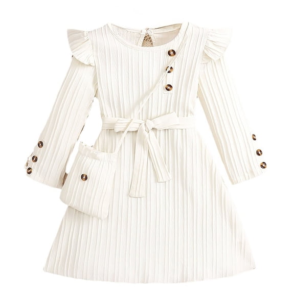 AWZXDE Girls Casual Play Dresses Long Sleeve Textured Ruffle Shoulder Belted Midi Dress With Matching Crossbody Bag White - 5-6 Years