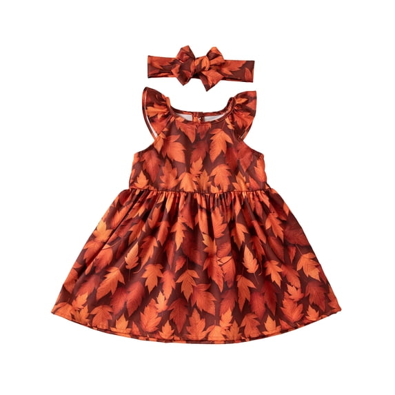 AWZXDE Girls Casual Play Rompers Ruffle Sleeveless Dress Matching Bow Headband Fall Maple Leaf Print Back Button Holiday Outfit Orange - 2-3 Years