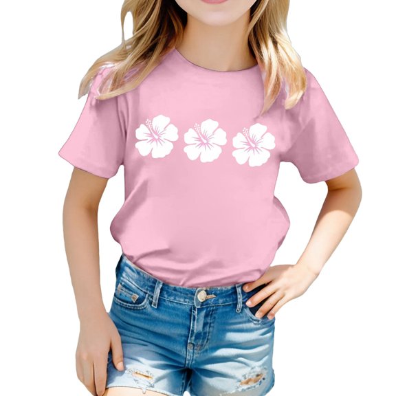 AWZXDE Girls Casual Printed Round Neck Short Sleeve Shirt T Shirt Comfortable Loose Fit Girls Tops For Daily Wear Blouse Light Pink，3-4 Years