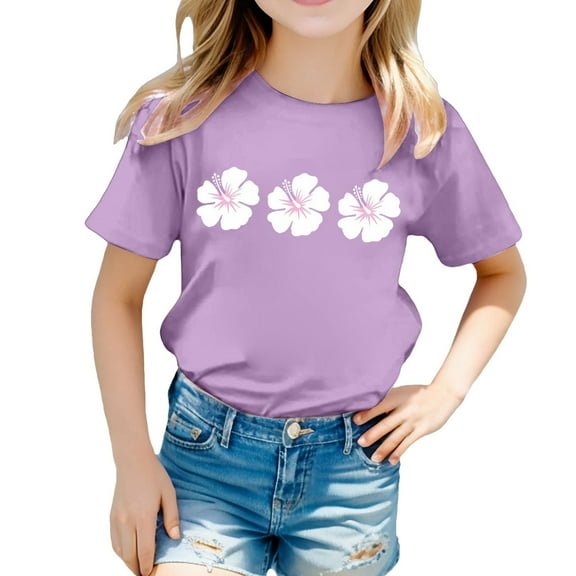 AWZXDE Girls Casual Printed Round Neck Short Sleeve Shirt T Shirt Comfortable Loose Fit Girls Tops For Daily Wear Blouse Purple，8-9 Years