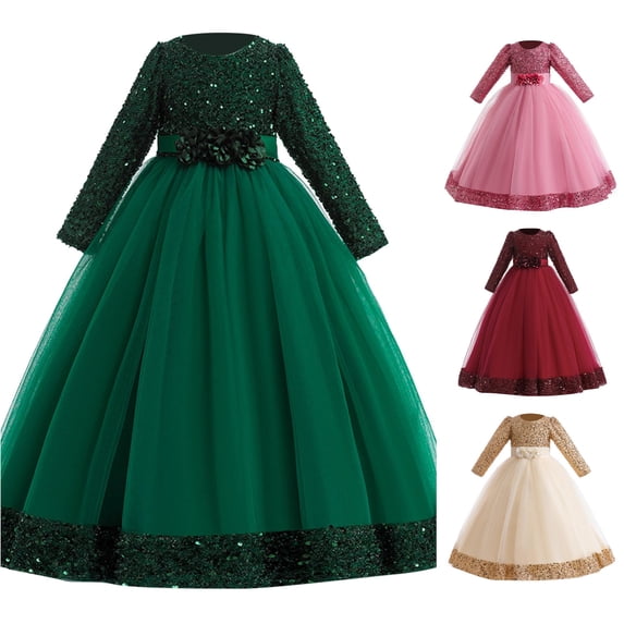 AWZXDE Girls Christmas Pageant Dress Girls Holiday Dress Long Sleeve Sequin Mesh Floor‑Length Party Gown Green - 14-15 Years