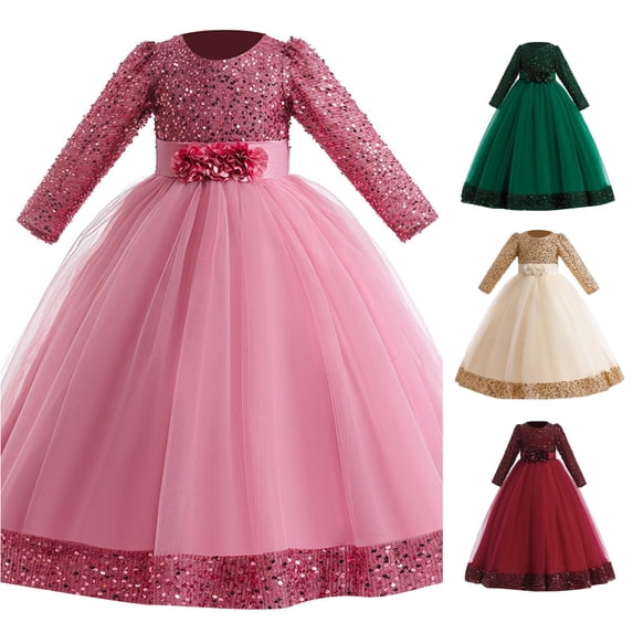 AWZXDE Girls Christmas Pageant Dress Girls Holiday Dress Long Sleeve Sequin Mesh Floor‑Length Party Gown Pink - 16-17 Years