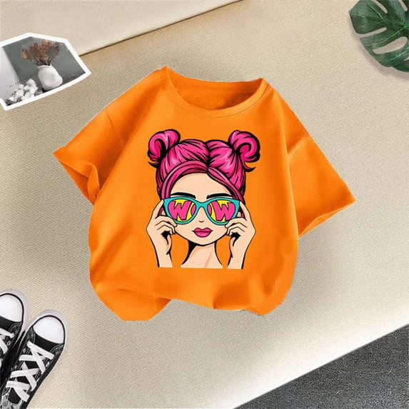 AWZXDE Girls Cute Cartoon Graphic Print Crew Neck Short Sleeve Tee Trendy Summer Casual Oversized T Shirt For Toddler Kids Orange,7-8 Years