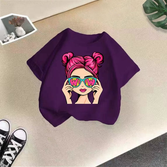 AWZXDE Girls Cute Cartoon Graphic Print Crew Neck Short Sleeve Tee Trendy Summer Casual Oversized T Shirt For Toddler Kids Purple,11-12 Years