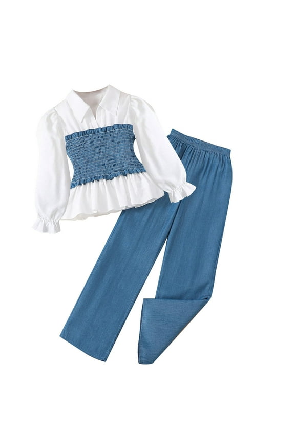 Girls Denim Shirt Patchwork Long Sleeve Top with Solid Color Wide Leg Pants Set Casual Everyday Slim-Fit Button-Down Waist Adjustable Comfortable Outfit Blue,6-7 Years