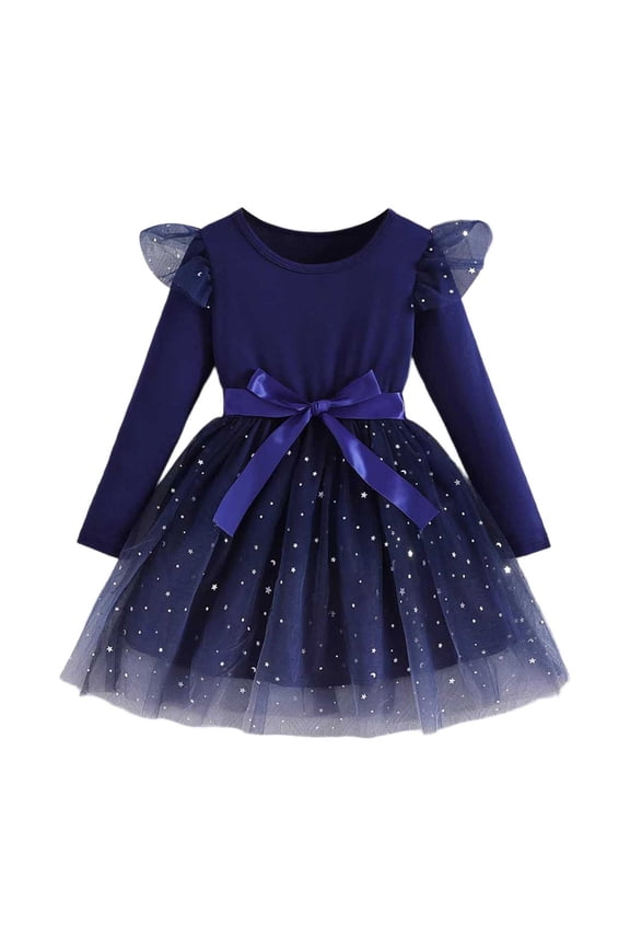 Girls Dress Long Sleeve Gradient Star Gown Net Formal Dress For Autumn Fall Fashion Formal Party Occasion 1-8Y Blue