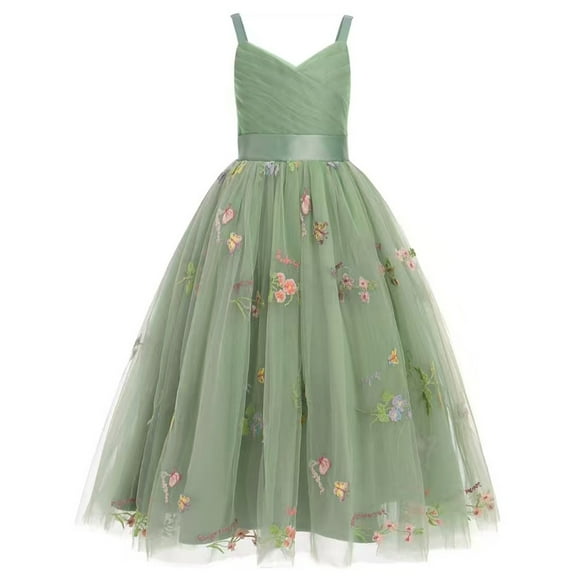 AWZXDE Girls Dresses Childrens Fashion Embroidered Lace Suspender Puffy Dress Birthday Party Tutu Gown 3-14 Years Long Dresses Green，4-6 Years
