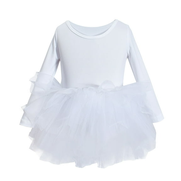 AWZXDE Girls Dresses For Ballet Dance Performance Tutu Skirt Long Sleeve Round Neck Chiffon Outfit Ages 3-10 Recital White,7-8 Years