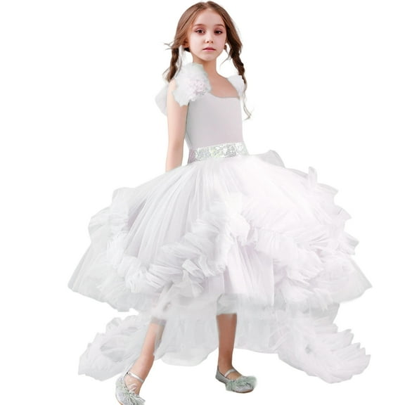 AWZXDE Girls Dresses High End Removable Train Puff Skirt Long Dresses Formal Performance Gown Elegant Party Dress For Kids White,80