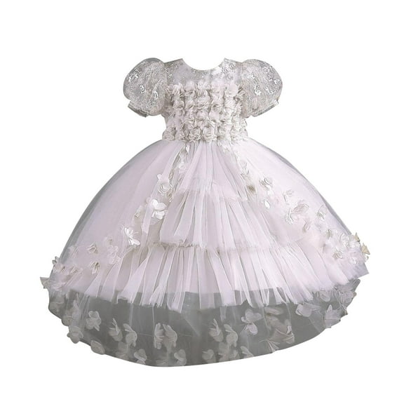 AWZXDE Girls Dresses Lace Flower Petal Childrens Wedding Dress Little Girls Train Dress Kids Tutu Gown Long Dresses White，9-10 Years