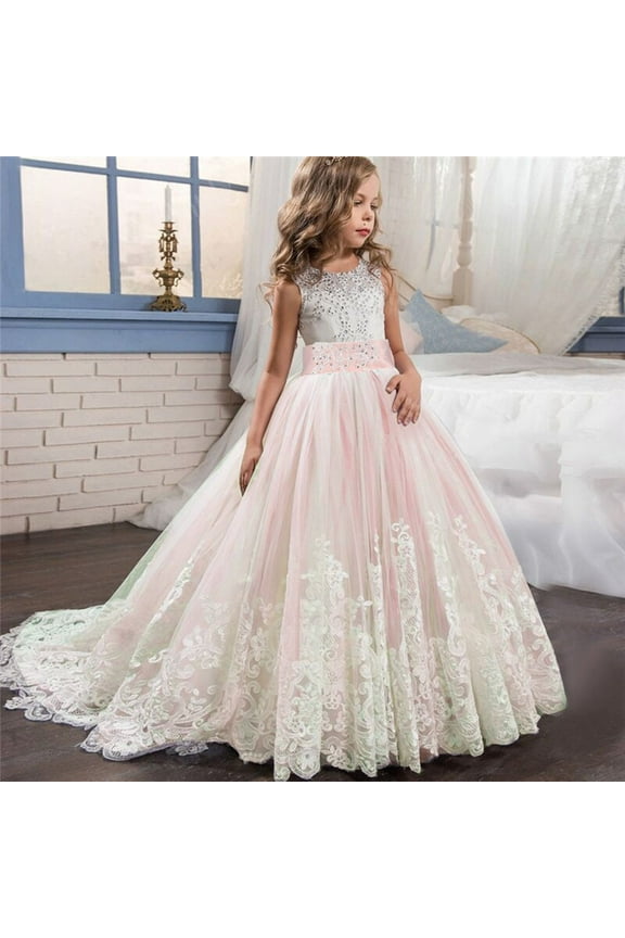 Girls Dresses Party Dress Tutu Lace Bridesmaid Gown Pageant Wedding For Girls 5T-13T Long Dresses Pink,4-5 Years
