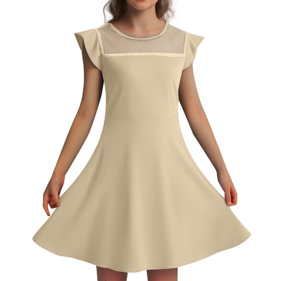 AWZXDE Girls Dresses Summer Ruffle Sleeve Mesh A-Line Casual Party Dress With Pockets For Kids 4-11 Years Long Dresses Beige,4-5 Years
