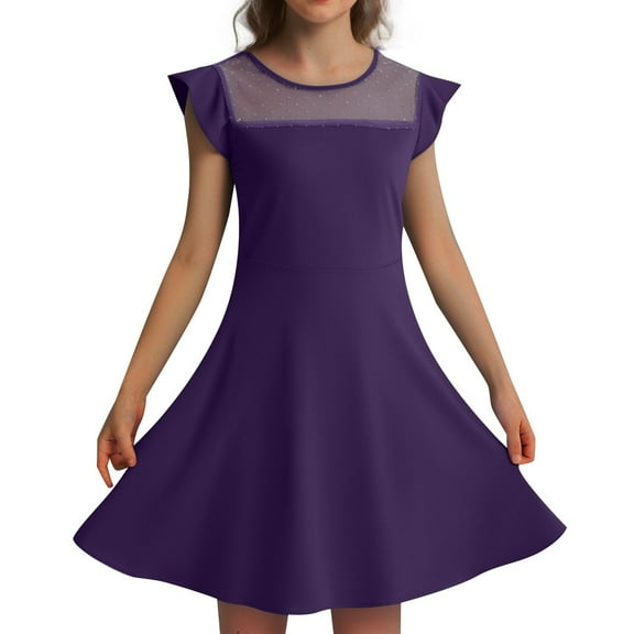 AWZXDE Girls Dresses Summer Ruffle Sleeve Mesh A-Line Casual Party Dress With Pockets For Kids 4-11 Years Long Dresses Dark Purple,9-11Years