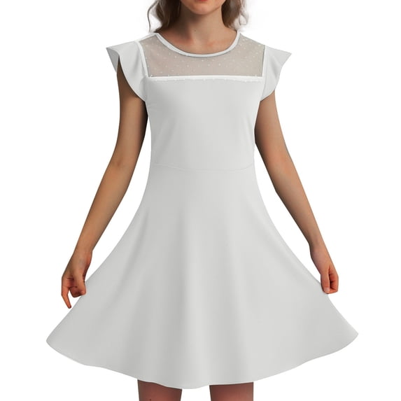 AWZXDE Girls Dresses Summer Ruffle Sleeve Mesh A-Line Casual Party Dress With Pockets For Kids 4-11 Years Long Dresses White,4-5 Years
