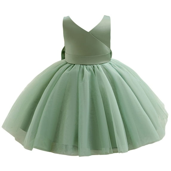 AWZXDE Girls Dresses V-Neck Mesh Tutu Party Dress With Bowknot For Baby Toddler Girls Casual Photoshoot Outfit Comfortable Stretchy Waist Long Dresses Green,18-24 Months