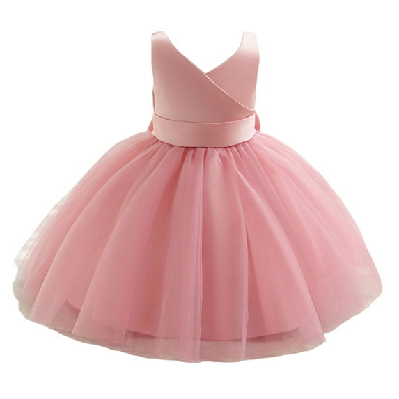 AWZXDE Girls Dresses V-Neck Mesh Tutu Party Dress With Bowknot For Baby Toddler Girls Casual Photoshoot Outfit Comfortable Stretchy Waist Long Dresses Pink,6-12 Months