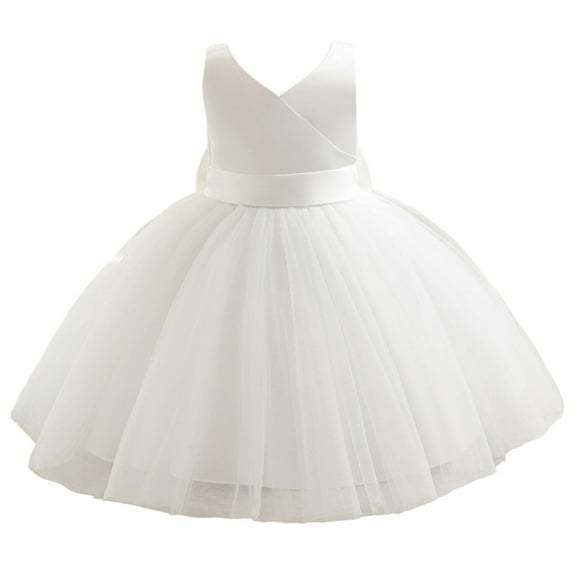 AWZXDE Girls Dresses V-Neck Mesh Tutu Party Dress With Bowknot For Baby Toddler Girls Casual Photoshoot Outfit Comfortable Stretchy Waist Long Dresses White，18-24 Months