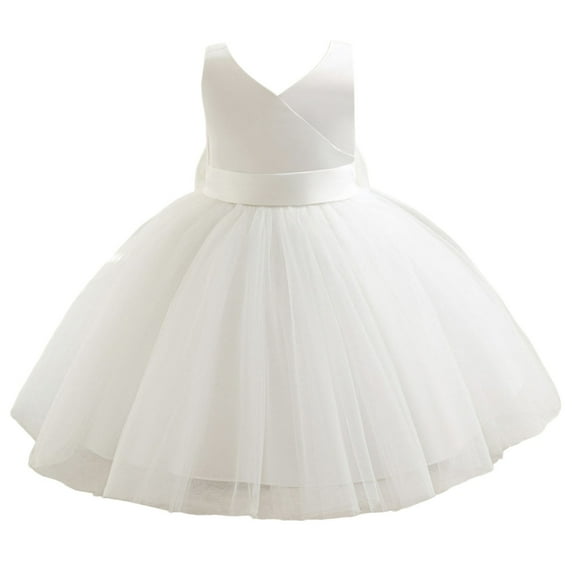 AWZXDE Girls Dresses V-Neck Mesh Tutu Party Dress With Bowknot For Baby Toddler Girls Casual Photoshoot Outfit Comfortable Stretchy Waist Long Dresses White,4-5 Years
