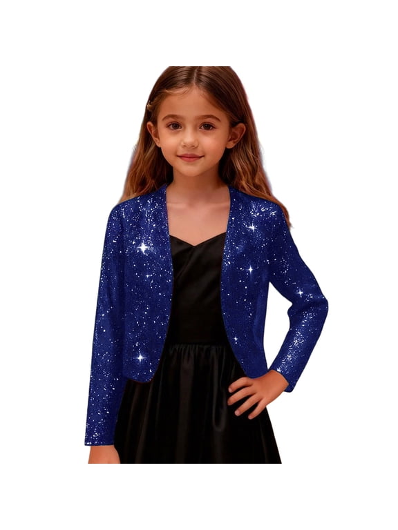 Girls Elegant Short Satin Jacket With Silver Foil Print Long Sleeve Girl Coat For Formal Party Dressy Cardigan Outerwear And Holiday Blue