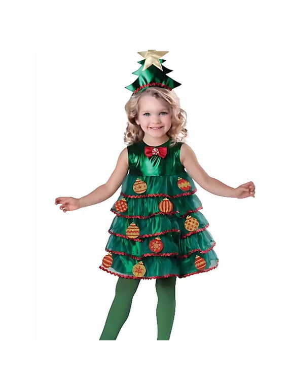 Girls Fall Dress Girls Christmas Tree Dress Sleeveless Tiered Dress With Headpiece For Holiday Party Green - 7-8 Years