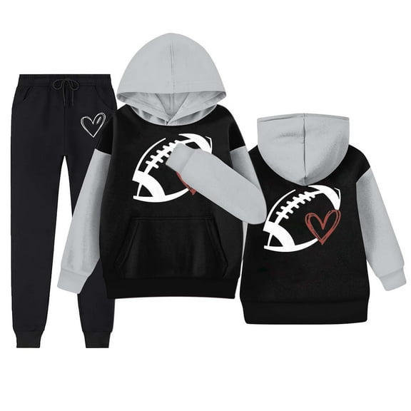 AWZXDE Girls Fall Outfits Autumn Winter Letter Printed Pocket Round Neck Hooded Sweatshirt And Pants Set For Big Kids Black，13-14 Years
